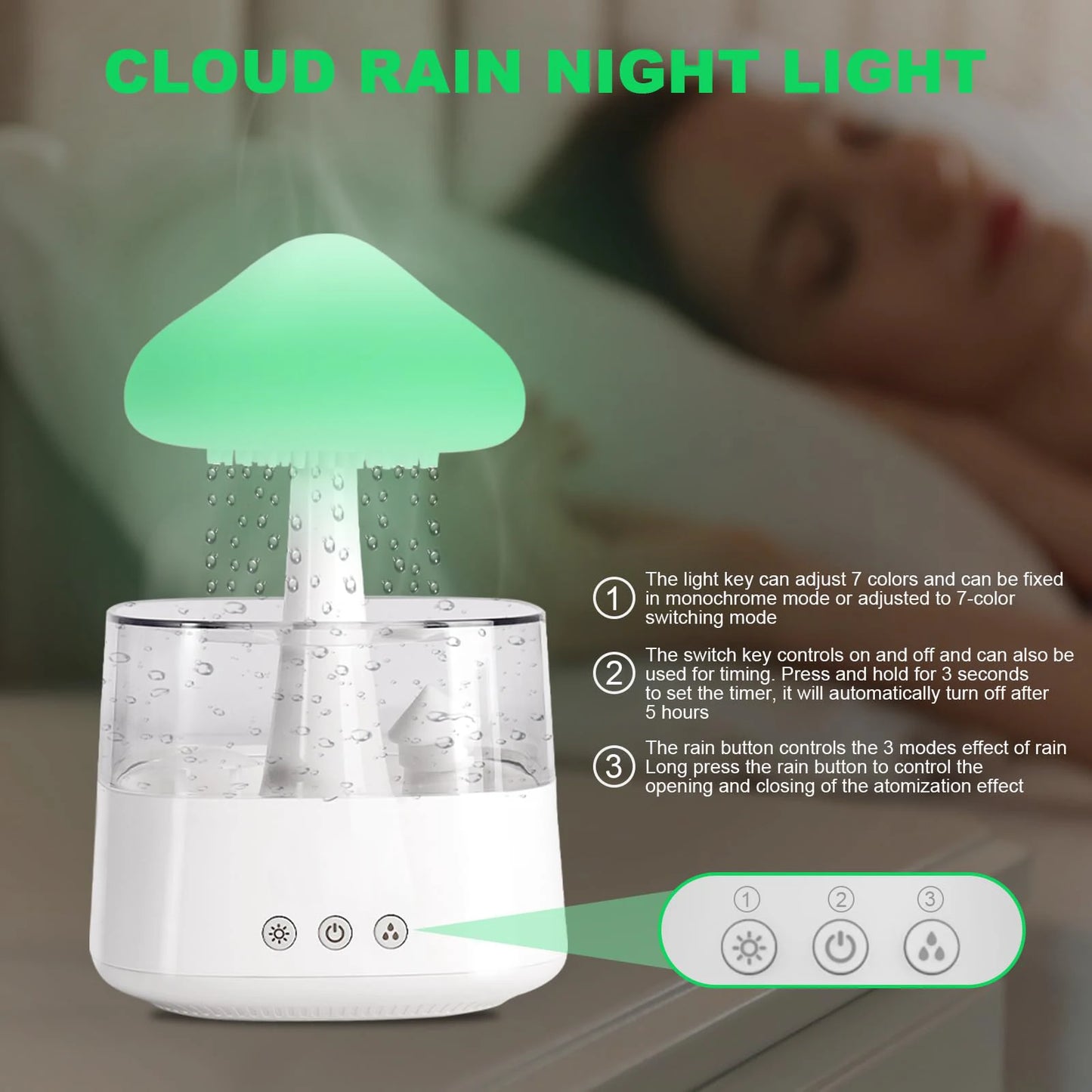 Cloud Rain Humidifier for Bedrooms with Soothing Rain Sounds and Color-Changing Mood Lighting